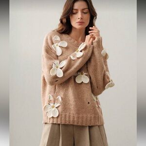 Crochet knit sweater oversized floral khaki long sleeve flower NWT
